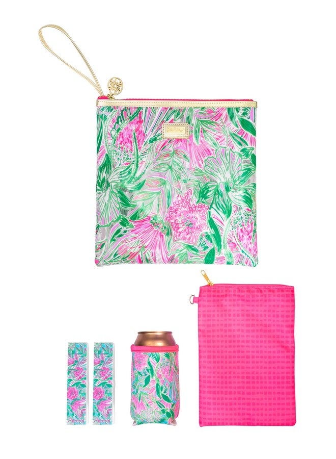 Lilly Pulitzer حقيبة شاطئ مقاومة للماء من ليلي بولتزر، حقيبة بسحاب تشمل حامل مشروبات، حقيبة صغيرة، ومشابك منشفة، تأتي ساخنة - Image 1