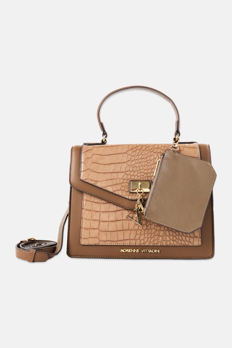 ADRIENNE VITTADINI Women Crocodile Skin Handbag With Coin Purse, Brown - Image 1