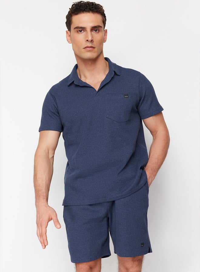 trendyol Indigo Regular/Normal Cut Textured Fabric Labeled Polo Collar Tracksuit Set TMNSS23EM00003 - Image 3