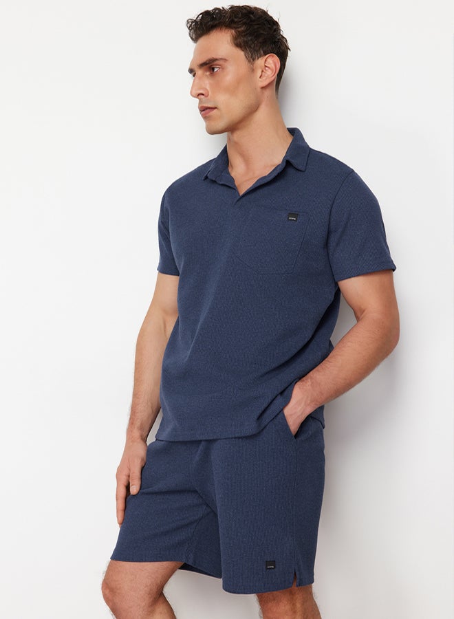 trendyol Indigo Regular/Normal Cut Textured Fabric Labeled Polo Collar Tracksuit Set TMNSS23EM00003 - Image 4