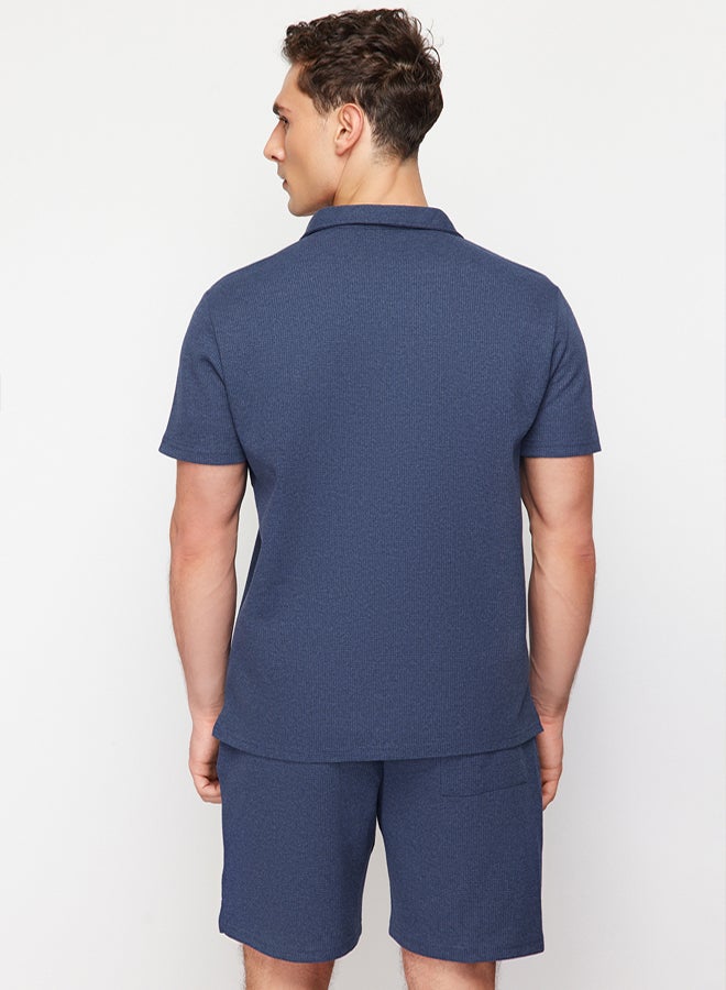 trendyol Indigo Regular/Normal Cut Textured Fabric Labeled Polo Collar Tracksuit Set TMNSS23EM00003 - Image 5