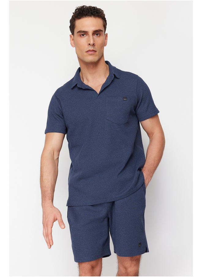 trendyol Indigo Regular/Normal Cut Textured Fabric Labeled Polo Collar Tracksuit Set TMNSS23EM00003  - Image 2