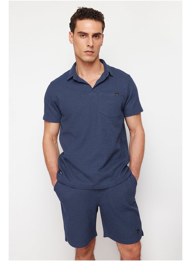 trendyol Indigo Regular/Normal Cut Textured Fabric Labeled Polo Collar Tracksuit Set TMNSS23EM00003  - Image 4