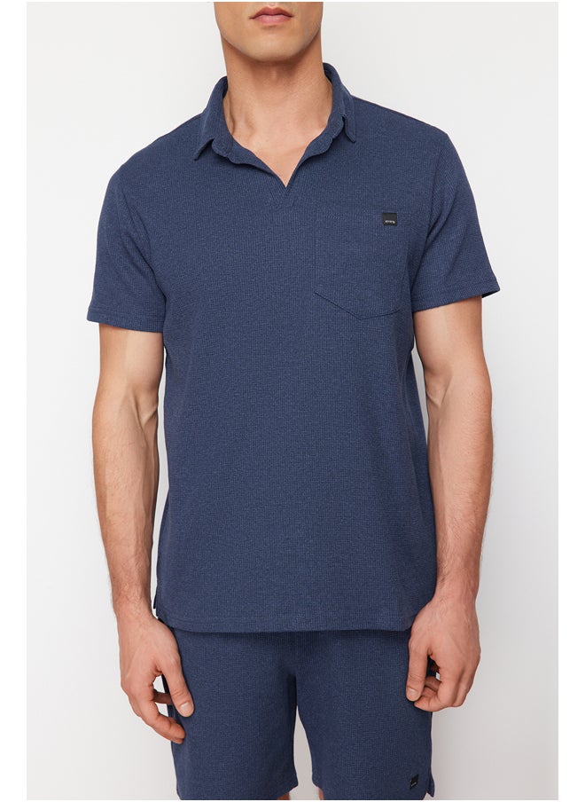 trendyol Indigo Regular/Normal Cut Textured Fabric Labeled Polo Collar Tracksuit Set TMNSS23EM00003  - Image 5