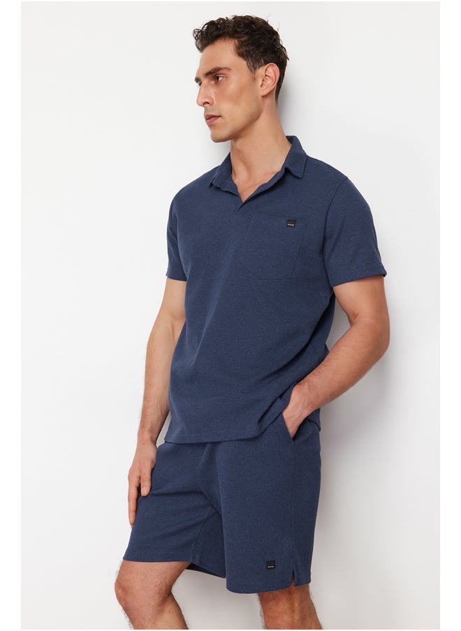 trendyol Indigo Regular/Normal Cut Textured Fabric Labeled Polo Collar Tracksuit Set TMNSS23EM00003  - Image 3