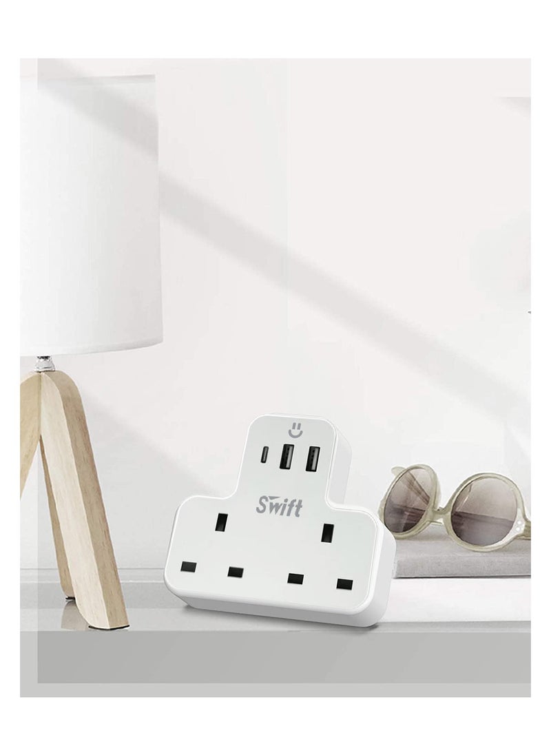 Swift - Multi Plug Extension Power Adapter with 2 USB & 1 C Port, Wall Charger Adapter Multi Power Socket for Home, Office, Kitchen, PC - Image 1