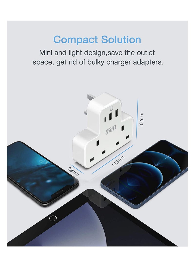 Swift - Multi Plug Extension Power Adapter with 2 USB & 1 C Port, Wall Charger Adapter Multi Power Socket for Home, Office, Kitchen, PC - Image 1