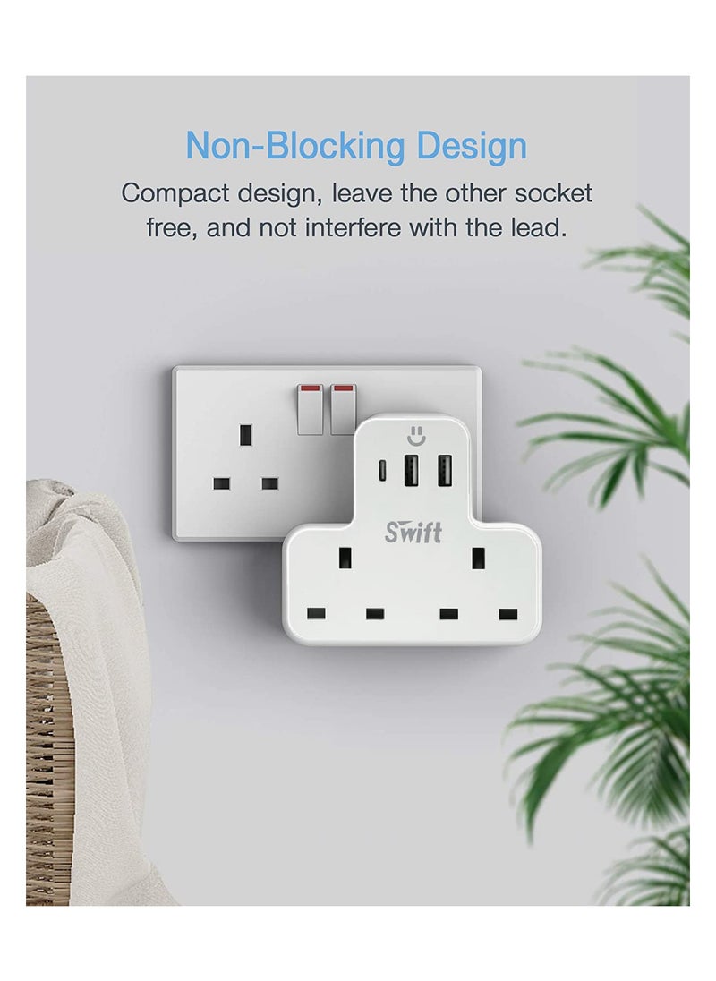 Swift - Multi Plug Extension Power Adapter with 2 USB & 1 C Port, Wall Charger Adapter Multi Power Socket for Home, Office, Kitchen, PC - Image 1