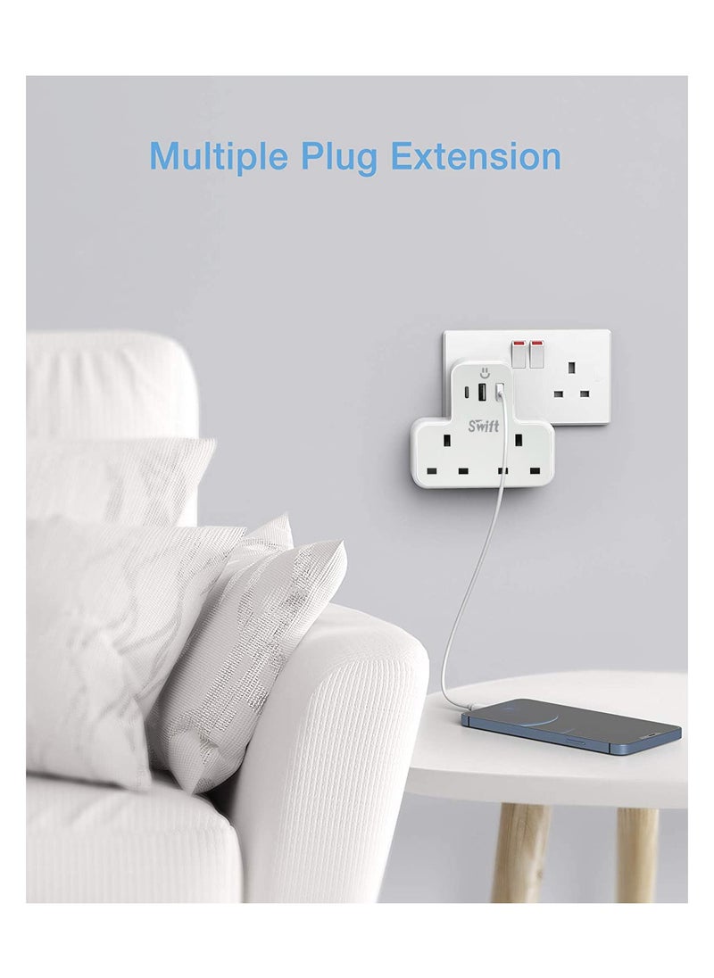 Swift - Multi Plug Extension Power Adapter with 2 USB & 1 C Port, Wall Charger Adapter Multi Power Socket for Home, Office, Kitchen, PC - Image 1