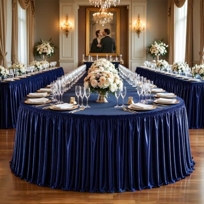 PARTISKY 21ft Length Satin Navy Blue Table Skirt Rectangle Tables, Wrinkle Free Pleated Ruffle Table Skirting Desk Cover Skirt for Teacher Classroon Office Weddings Birthday Party Banquet Decorations
