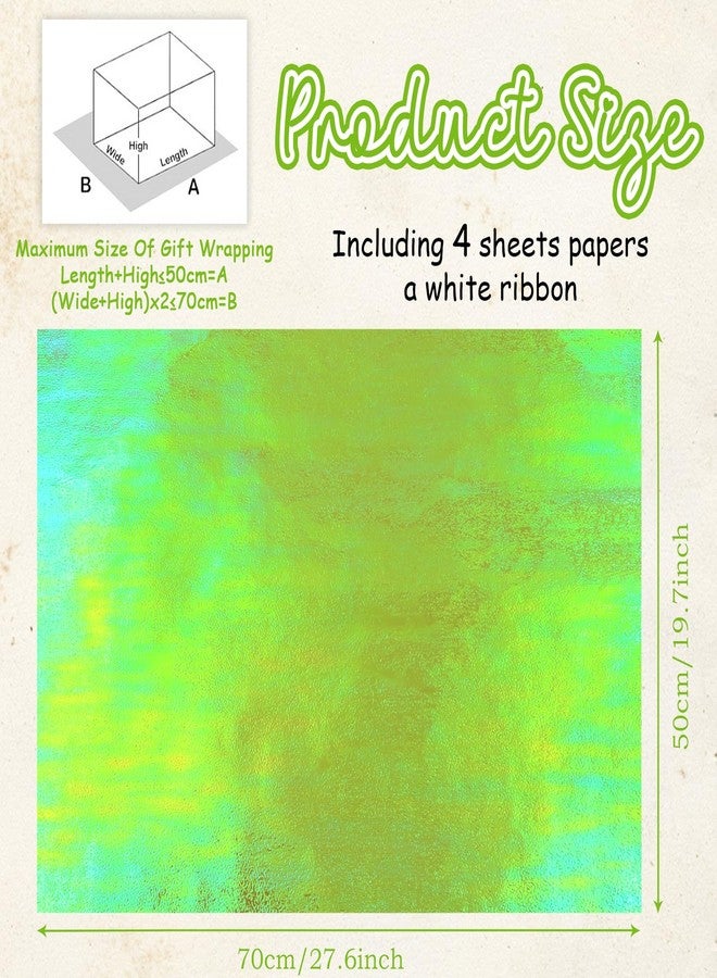 Boerni Willow Green Glossy Holographic Iridescent Foil Shiny Sparkle Metallic Shimmer Solid Wrapping Paper (4-Foled Flat Sheets, 1-color: 20 x 28 inch Per Sheet,15 sq. ft. ttl With White Ribbon for Birthday, Valentine's, Mother's Day, Holiday - Image 2