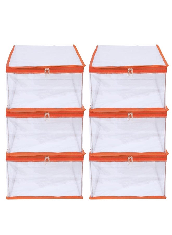 ABBASI Saree Cover Storage Bag Big for Clothes with Zip Organizer for Wardrobe, transparent Large Design Boxes (Orange, Pack of 6) - Image 1