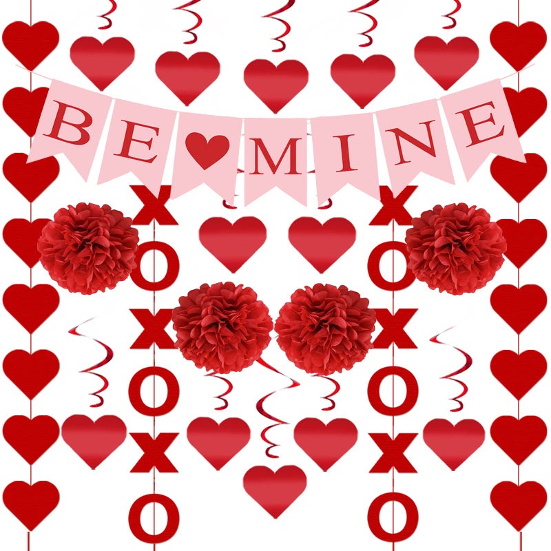 Labrostar 21Pcs Valentines Day Decorations Valentines Day Decor Pre-Assembled Hanging Heart Swirls BE Mine Love Heart XO Garlands Banner for Home Classroom Office Wedding Party - Image 1