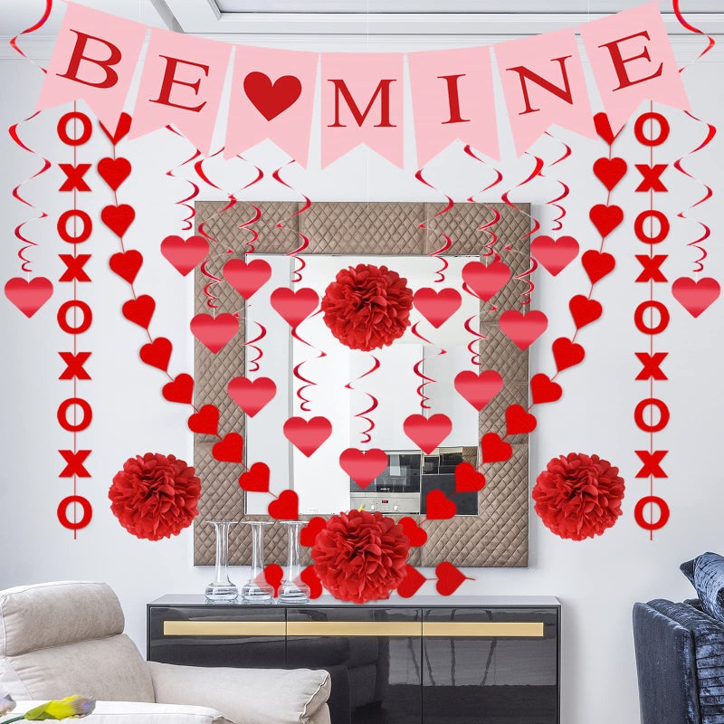 Labrostar 21Pcs Valentines Day Decorations Valentines Day Decor Pre-Assembled Hanging Heart Swirls BE Mine Love Heart XO Garlands Banner for Home Classroom Office Wedding Party - Image 4