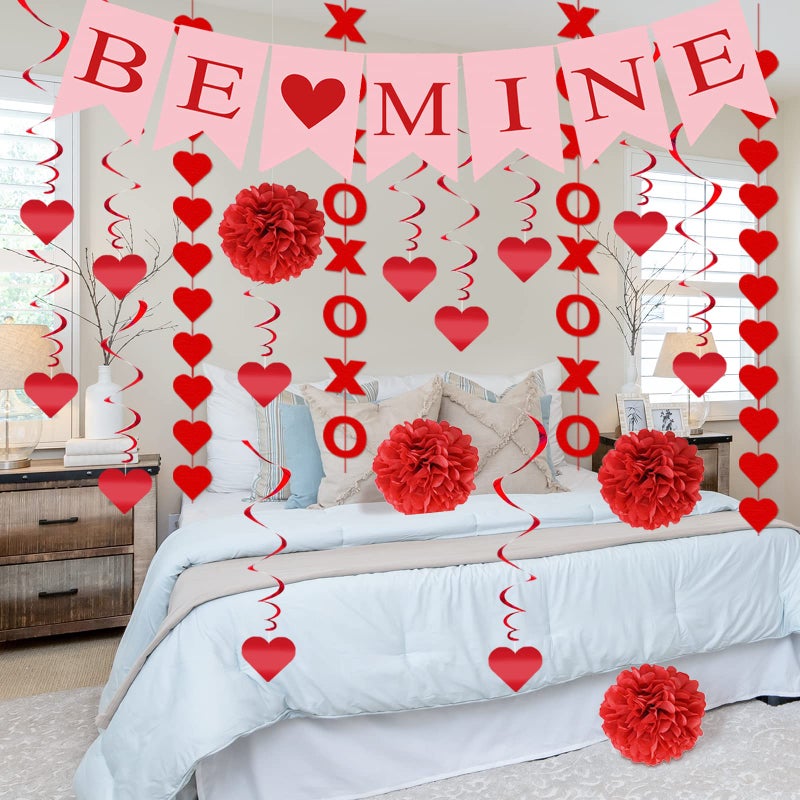 Labrostar 21Pcs Valentines Day Decorations Valentines Day Decor Pre-Assembled Hanging Heart Swirls BE Mine Love Heart XO Garlands Banner for Home Classroom Office Wedding Party - Image 5