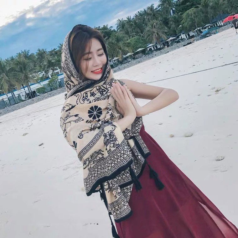 Ethnic Summer Qinghai Lake Photo Red Scarf Shawl Black baby elephant (beige base) 