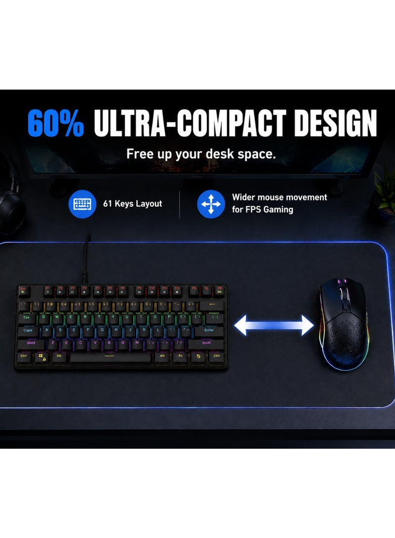 لوحة مفاتيح ألعاب ميكانيكية مدمجة 60 (K61)، إضاءة 61 ،مفتاحأ مع مفاتيح زرقاء، RGB، إنجليزي أمريكي فقط - أسودسلكية، تخطيط - Image 4