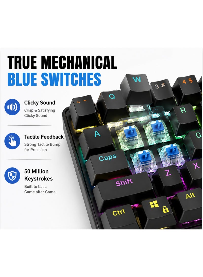 لوحة مفاتيح ألعاب ميكانيكية مدمجة 60 (K61)، إضاءة 61 ،مفتاحأ مع مفاتيح زرقاء، RGB، إنجليزي أمريكي فقط - أسودسلكية، تخطيط - Image 2