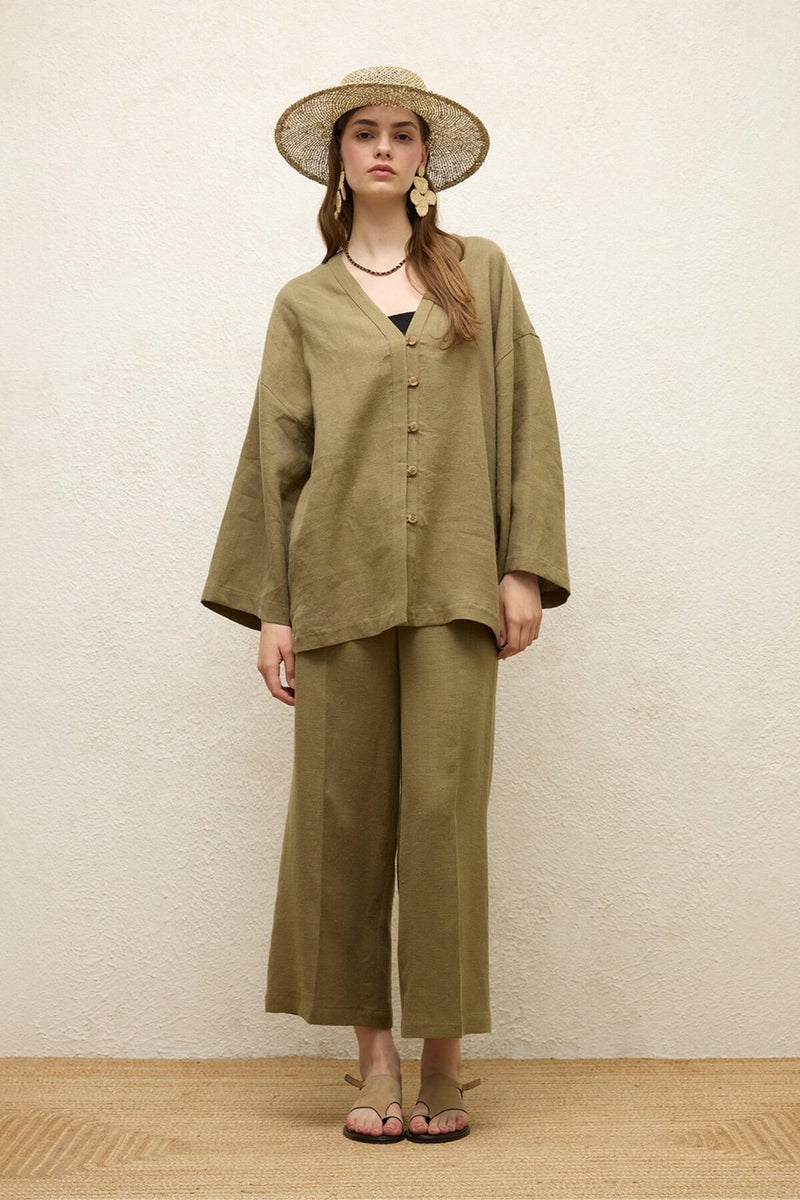 Manuka Buttoned Linen Shirt Khaki  - Image 3