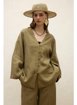 Manuka Buttoned Linen Shirt Khaki  - Image 1