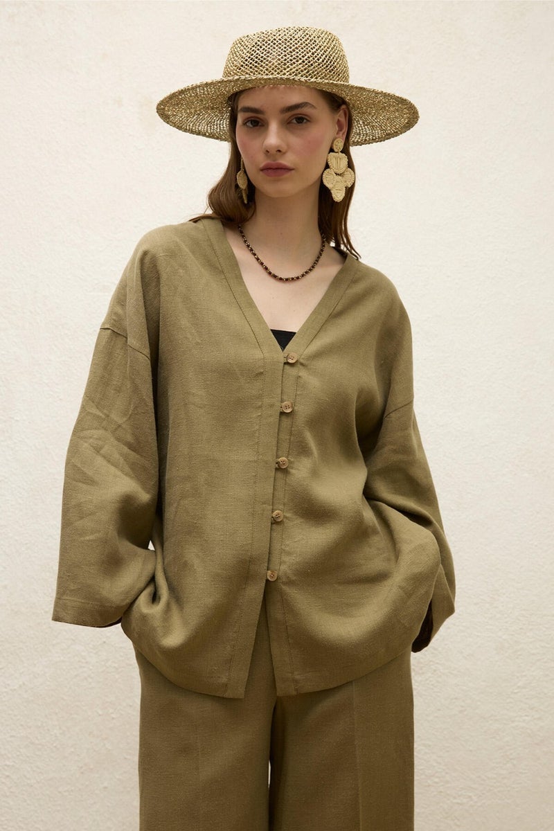 Manuka Buttoned Linen Shirt Khaki  - Image 1