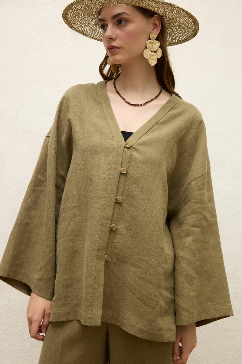 Manuka Buttoned Linen Shirt Khaki  - Image 4