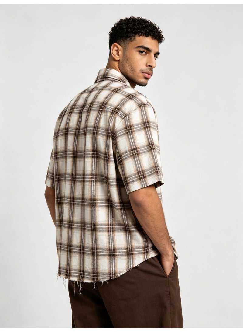 زارا ZARA Men’s Brown Plaid Frayed Hem Short Sleeve Oversized Shirt - Image 5