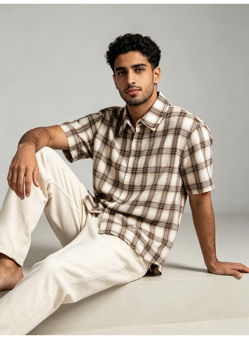 زارا ZARA Men’s Brown Plaid Frayed Hem Short Sleeve Oversized Shirt - Image 4