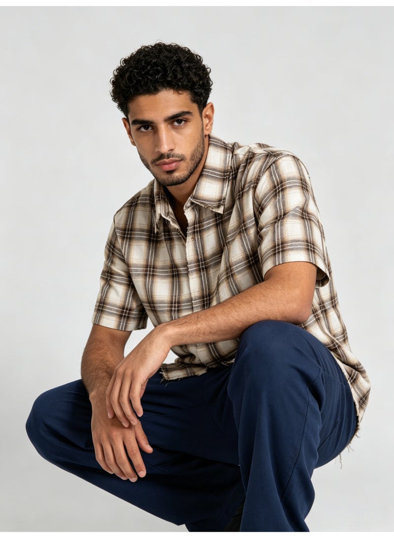 زارا ZARA Men’s Brown Plaid Frayed Hem Short Sleeve Oversized Shirt - Image 3