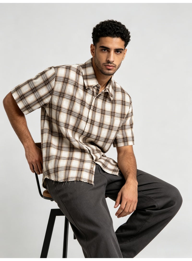 زارا ZARA Men’s Brown Plaid Frayed Hem Short Sleeve Oversized Shirt - Image 1