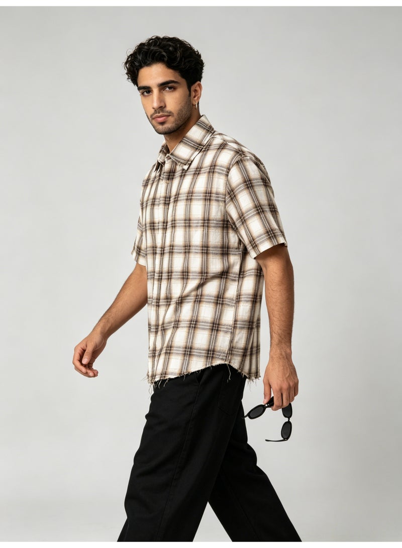 زارا ZARA Men’s Brown Plaid Frayed Hem Short Sleeve Oversized Shirt - Image 2
