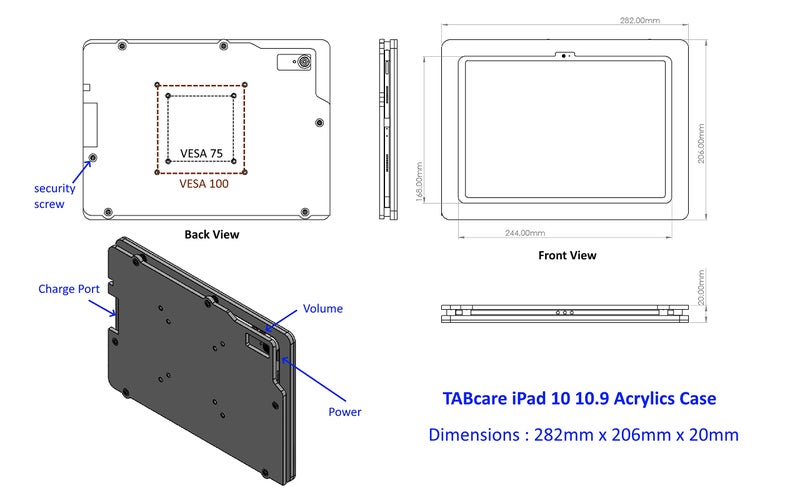 TABcare Anti-Theft Acrylic VESA Enclosure for Apple iPad 10 10.9" 2022, iPad 11" 2025 A16 with Free Wall Mount Kit & 90-Degree Angle USB C Charge Cable (White) - Image 3