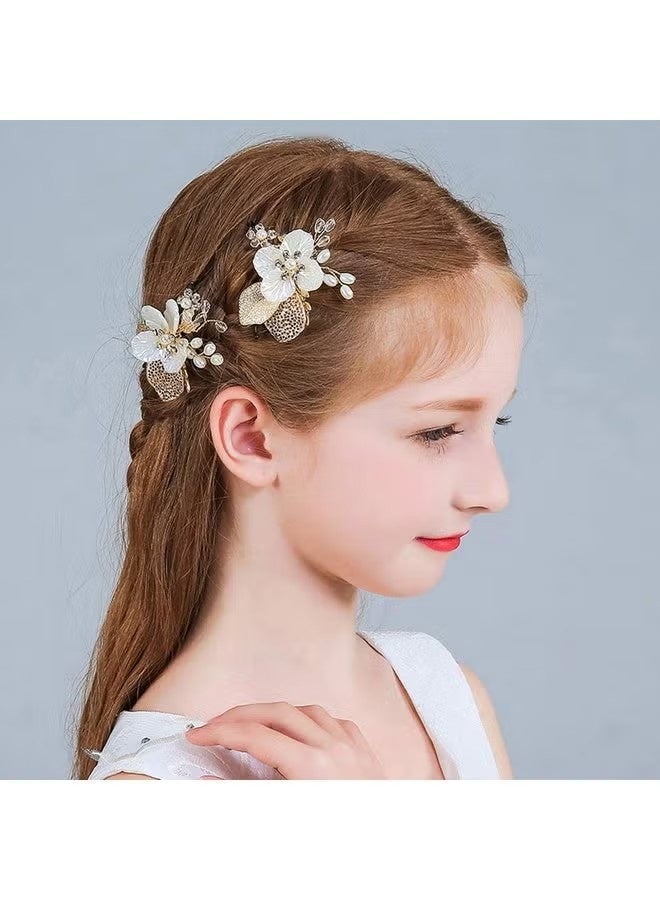 قطعتان من دبابيس الشعر الذهبية لحفلات الزفاف، إكسسوارات زفاف من اللؤلؤ والكريستال للفتيات الصغيرات والعرائس. - Image 2