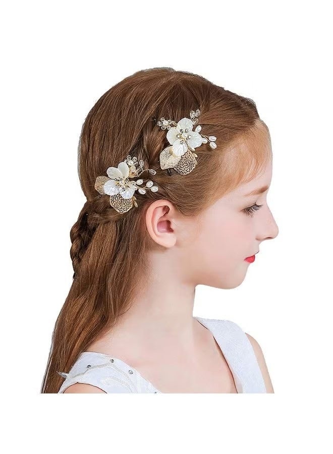 قطعتان من دبابيس الشعر الذهبية لحفلات الزفاف، إكسسوارات زفاف من اللؤلؤ والكريستال للفتيات الصغيرات والعرائس. - Image 3