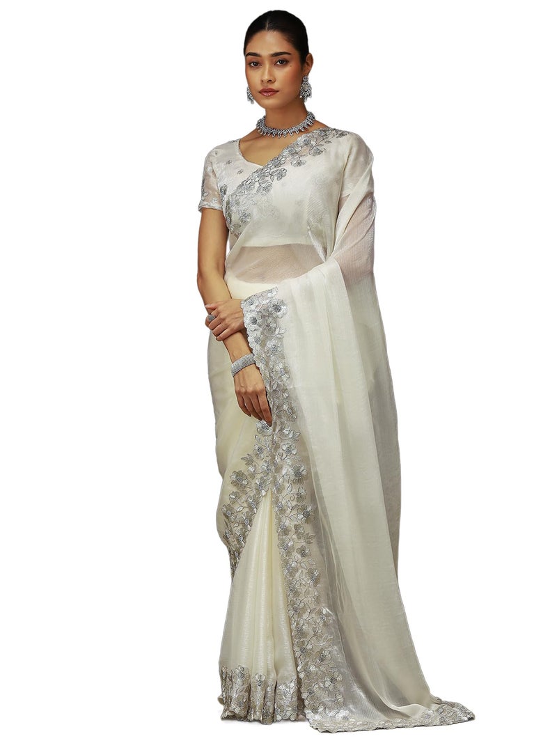 SAREE MALL Women's Off White Chiffon Embellished Saree With Unstitched Blouse Piece (KRIYNS4104_KH) - Image 1