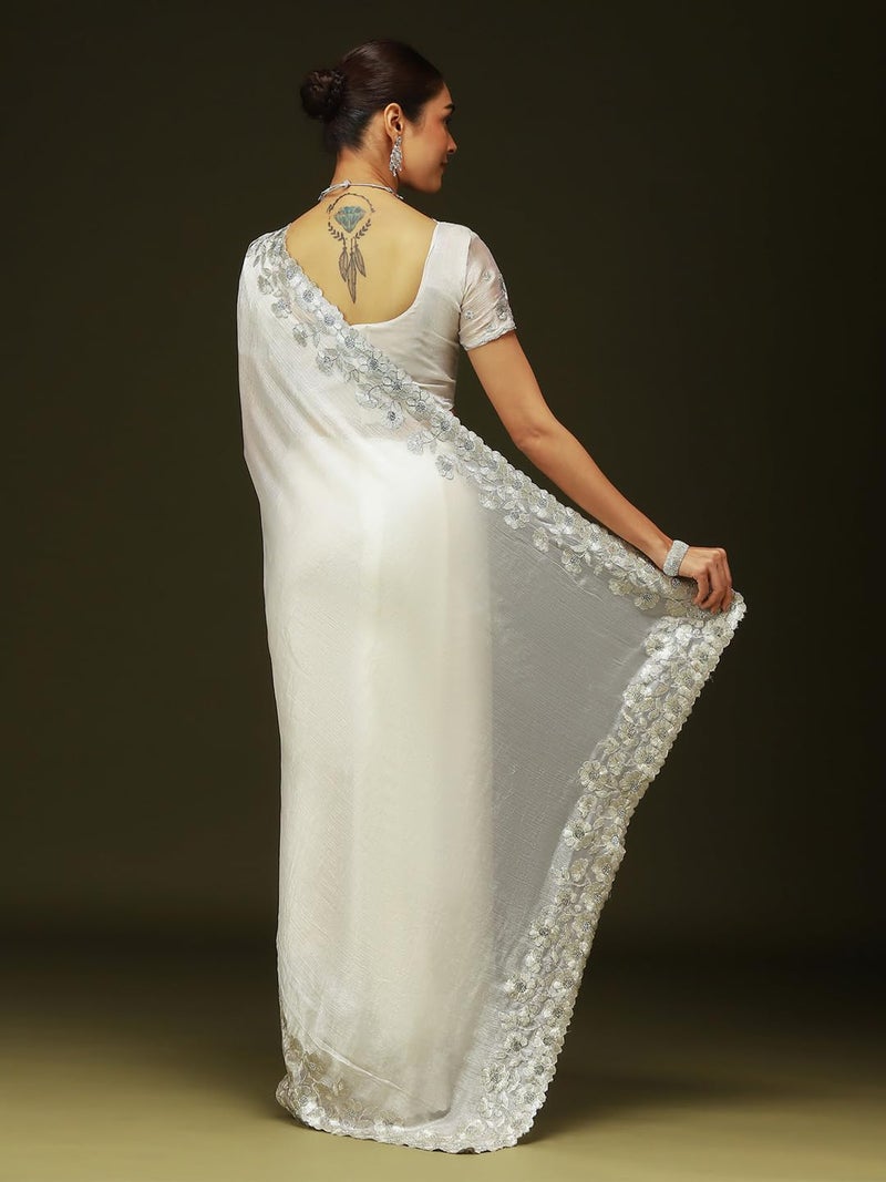 SAREE MALL Women's Off White Chiffon Embellished Saree With Unstitched Blouse Piece (KRIYNS4104_KH) - Image 2
