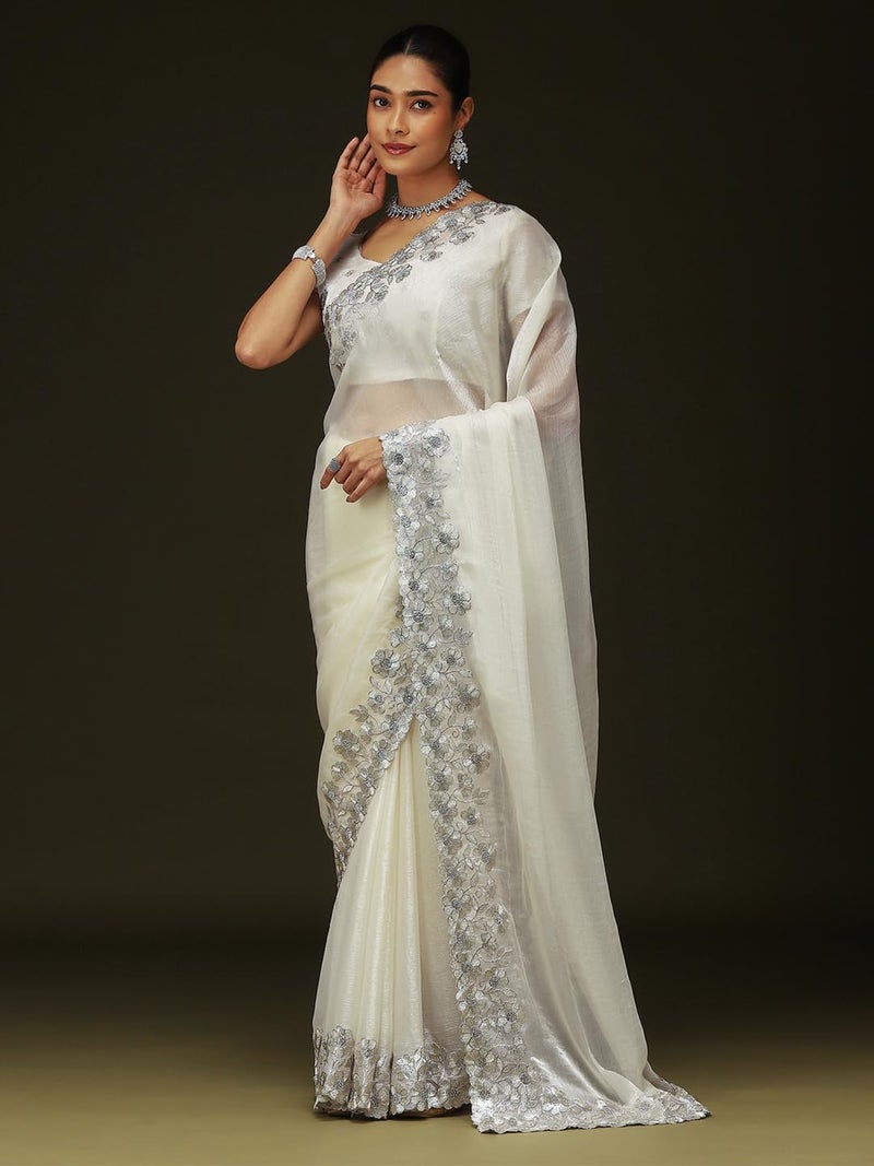 SAREE MALL Women's Off White Chiffon Embellished Saree With Unstitched Blouse Piece (KRIYNS4104_KH) - Image 4