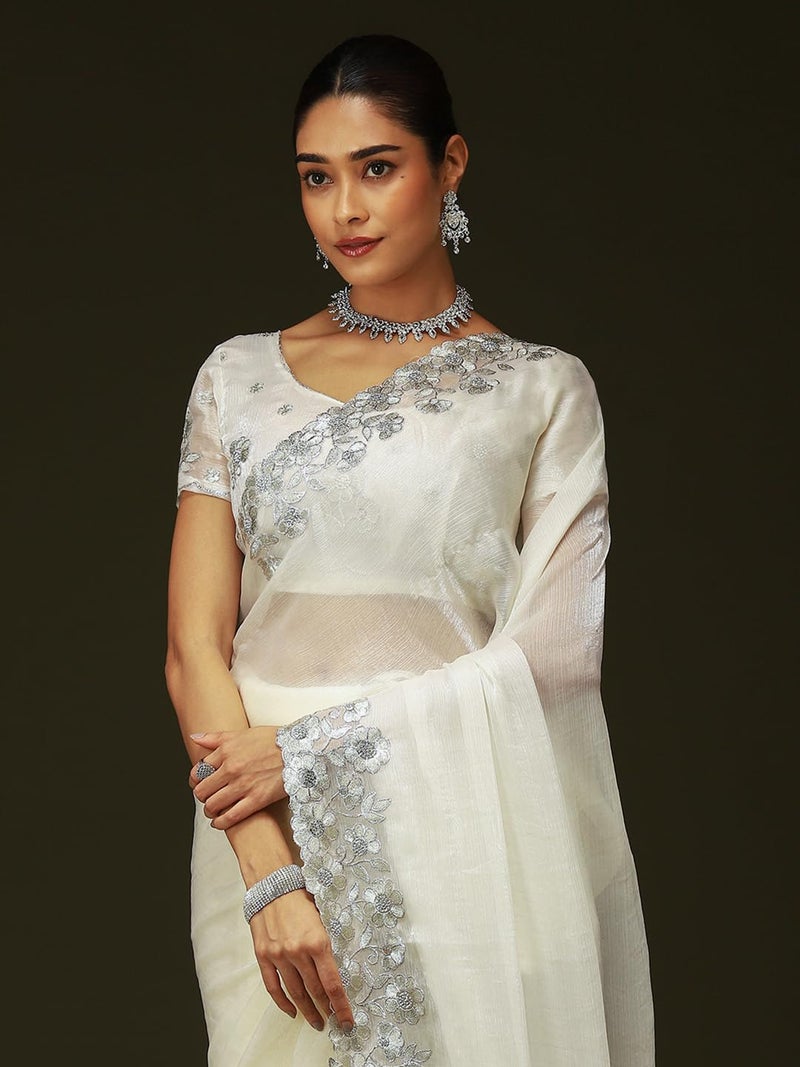 SAREE MALL Women's Off White Chiffon Embellished Saree With Unstitched Blouse Piece (KRIYNS4104_KH) - Image 5