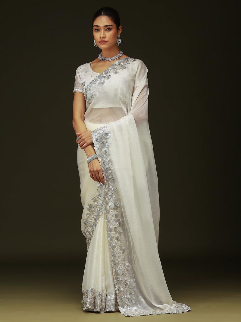 SAREE MALL Women's Off White Chiffon Embellished Saree With Unstitched Blouse Piece (KRIYNS4104_KH) - Image 3