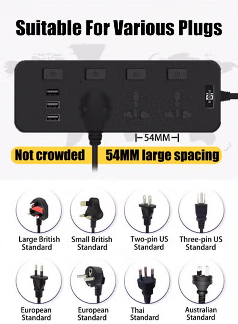 هيروكس شريط طاقة، سلك تمديد، محول قابس عالمي بثلاثة منافذ، مزود بثلاثة منافذ USB، واقي من زيادة التيار، مقبس شحن، سلك تمديد عالمي بطول مترين متعدد الوظائف - Image 2