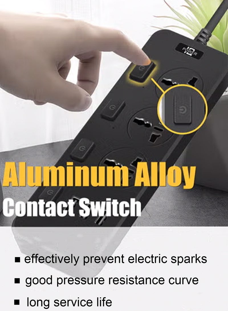 هيروكس شريط طاقة، سلك تمديد، محول قابس عالمي بثلاثة منافذ، مزود بثلاثة منافذ USB، واقي من زيادة التيار، مقبس شحن، سلك تمديد عالمي بطول مترين متعدد الوظائف - Image 3