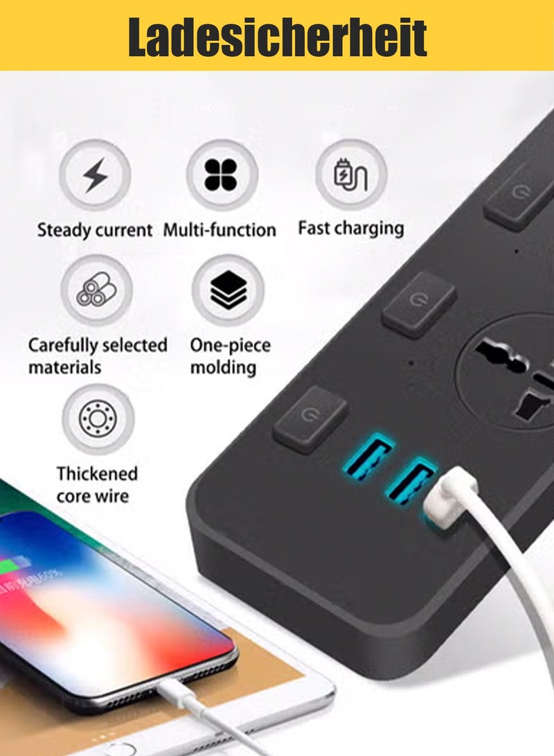 هيروكس شريط طاقة، سلك تمديد، محول قابس عالمي بثلاثة منافذ، مزود بثلاثة منافذ USB، واقي من زيادة التيار، مقبس شحن، سلك تمديد عالمي بطول مترين متعدد الوظائف - Image 4
