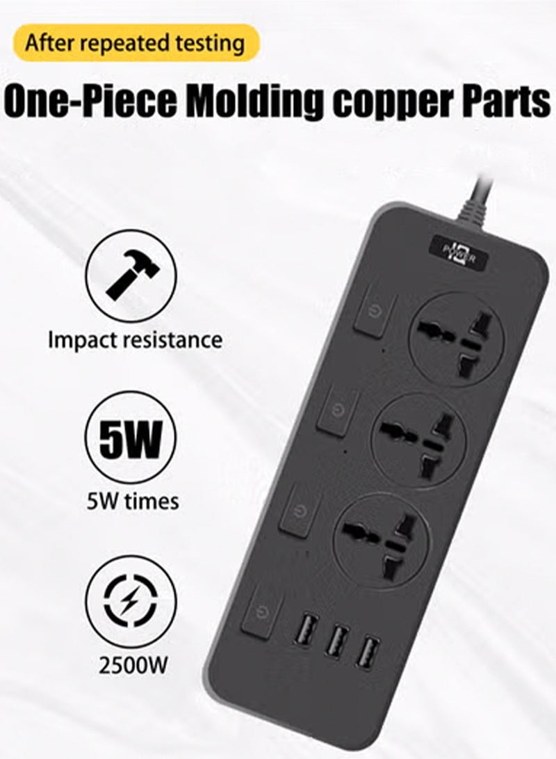 هيروكس شريط طاقة، سلك تمديد، محول قابس عالمي بثلاثة منافذ، مزود بثلاثة منافذ USB، واقي من زيادة التيار، مقبس شحن، سلك تمديد عالمي بطول مترين متعدد الوظائف - Image 5