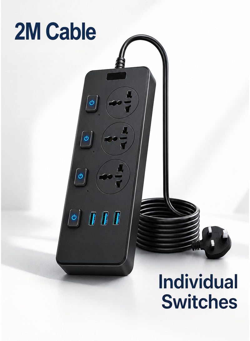 هيروكس شريط طاقة، سلك تمديد، محول قابس عالمي بثلاثة منافذ، مزود بثلاثة منافذ USB، واقي من زيادة التيار، مقبس شحن، سلك تمديد عالمي بطول مترين متعدد الوظائف - Image 1