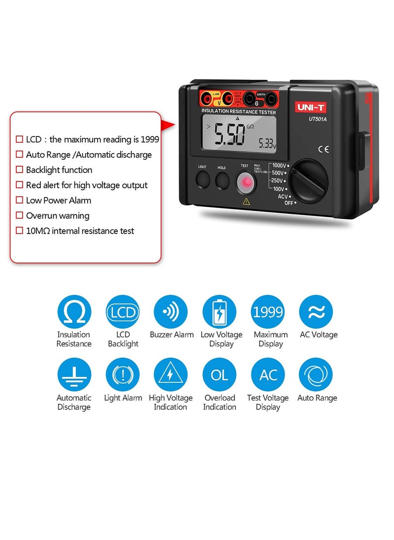 UNI-T جهاز قياس مقاومة العزل UNI-T UT501A 1000V، جهاز اختبار أرضي، مقياس ميجا أوم، فولتميتر مع إضاءة خلفية LCD  - Image 4
