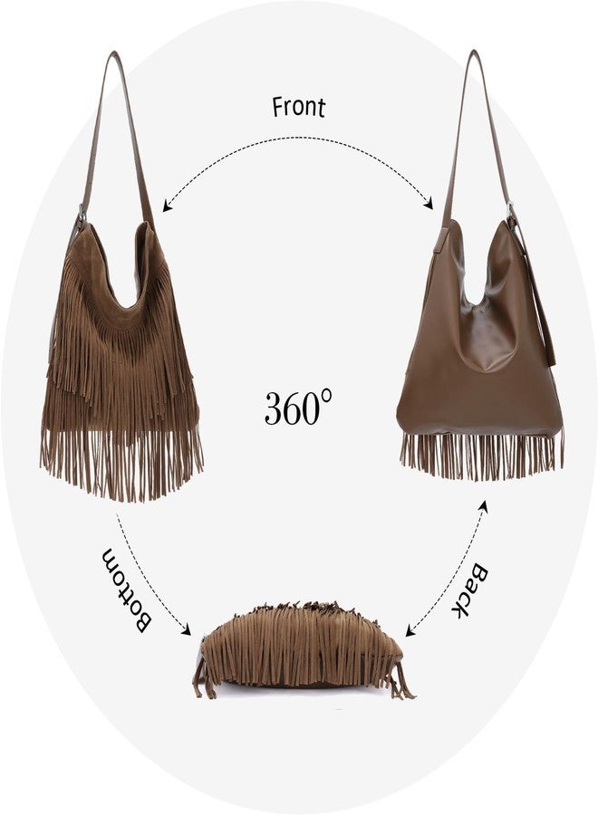 SUKUTU Fashion Fringe Hobo Bag for Women Vegan Faux Suede Leather Tassel Crossbody Shoulder Bag - Image 4