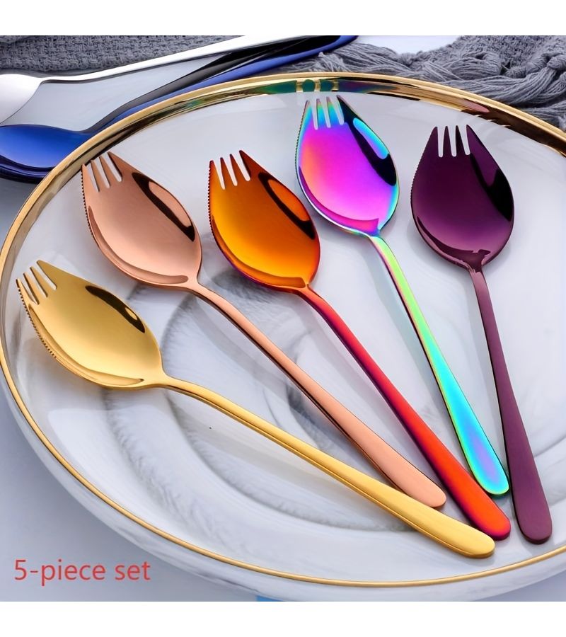 5 Pcs 304 Stainless Steel Toothed Spoons Kitchen Utensil Set Multifunctional Salad Fork - Image 1