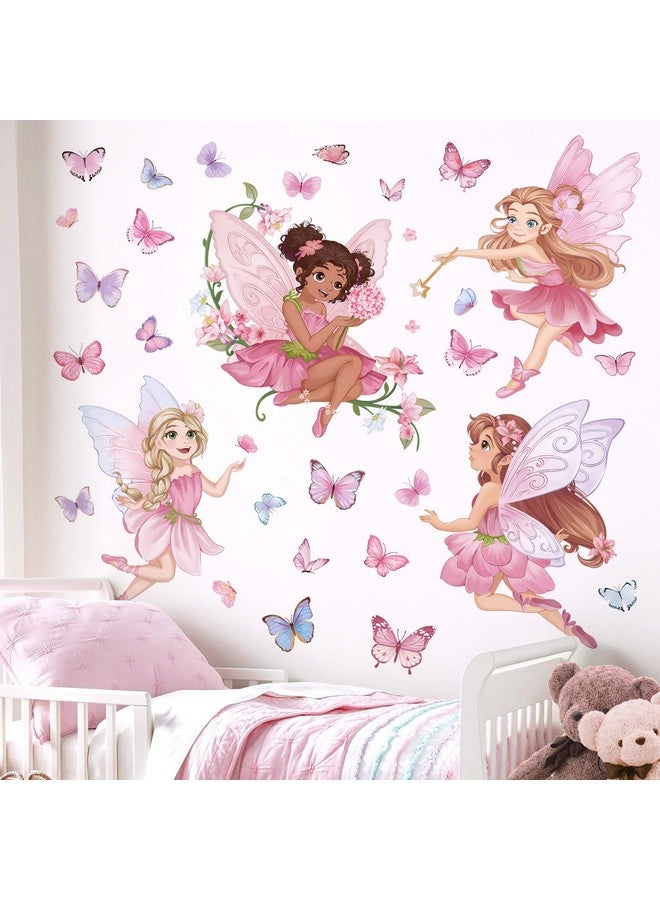 wondever Pink Fairy Girls Wall Stickers Elves Flower Butterfly Peel and Stick Wall Art Decals for Girls Bedroom Baby Nursery Kids Room - Image 1