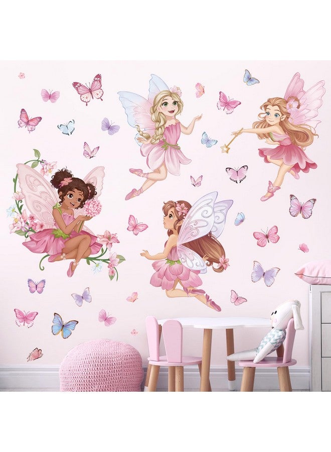 wondever Pink Fairy Girls Wall Stickers Elves Flower Butterfly Peel and Stick Wall Art Decals for Girls Bedroom Baby Nursery Kids Room - Image 3