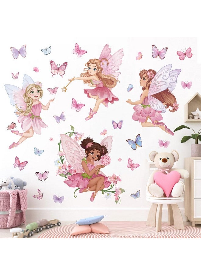 wondever Pink Fairy Girls Wall Stickers Elves Flower Butterfly Peel and Stick Wall Art Decals for Girls Bedroom Baby Nursery Kids Room - Image 2
